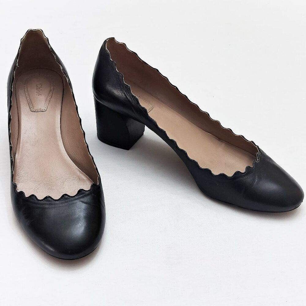 CHLOE Lauren Scalloped Leather Pumps Curved Block Heels Slip On 37.5 / 7.5 Black - Picture 8 of 16